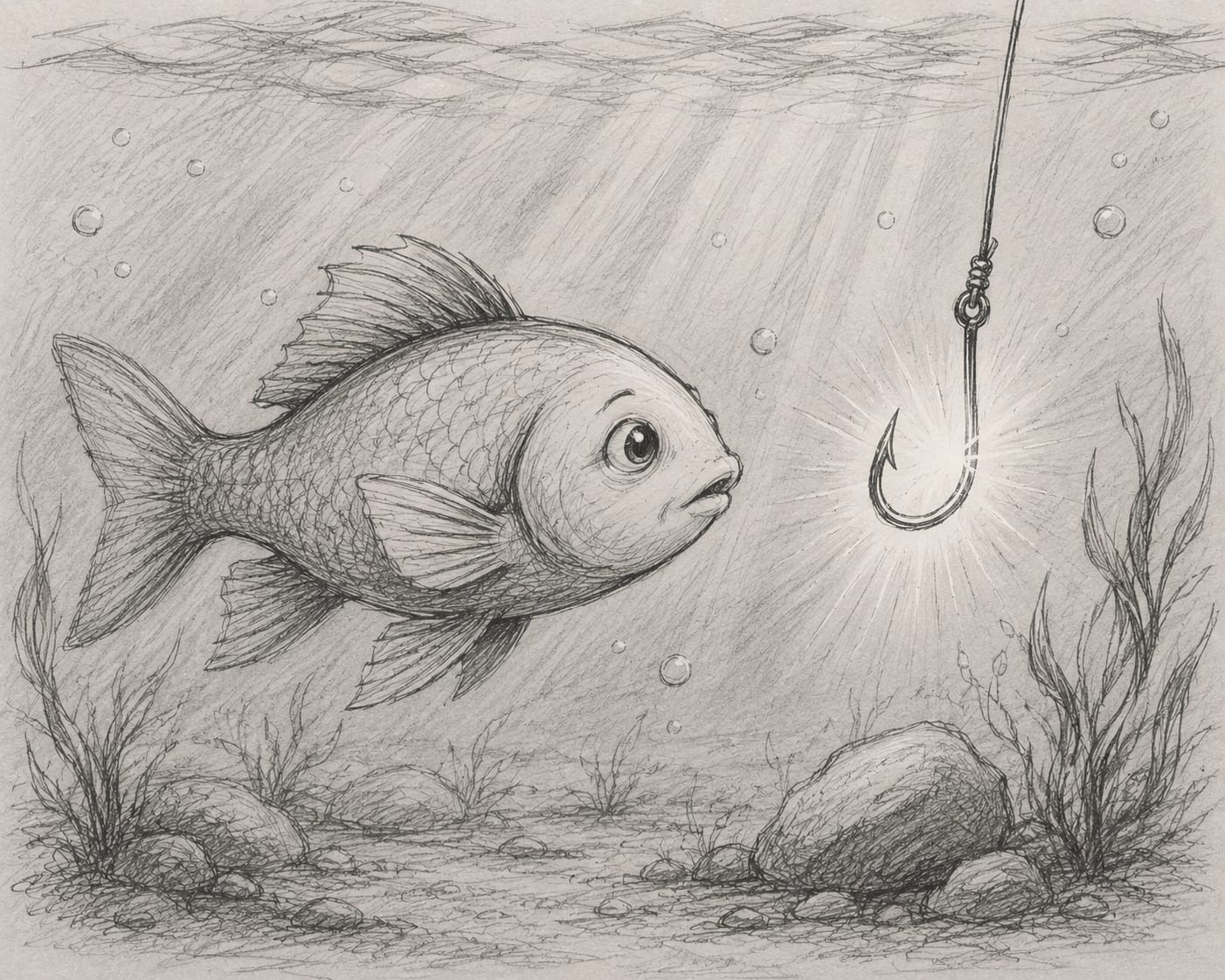 Ilustração — A Amizade do Peixe e o Anzol